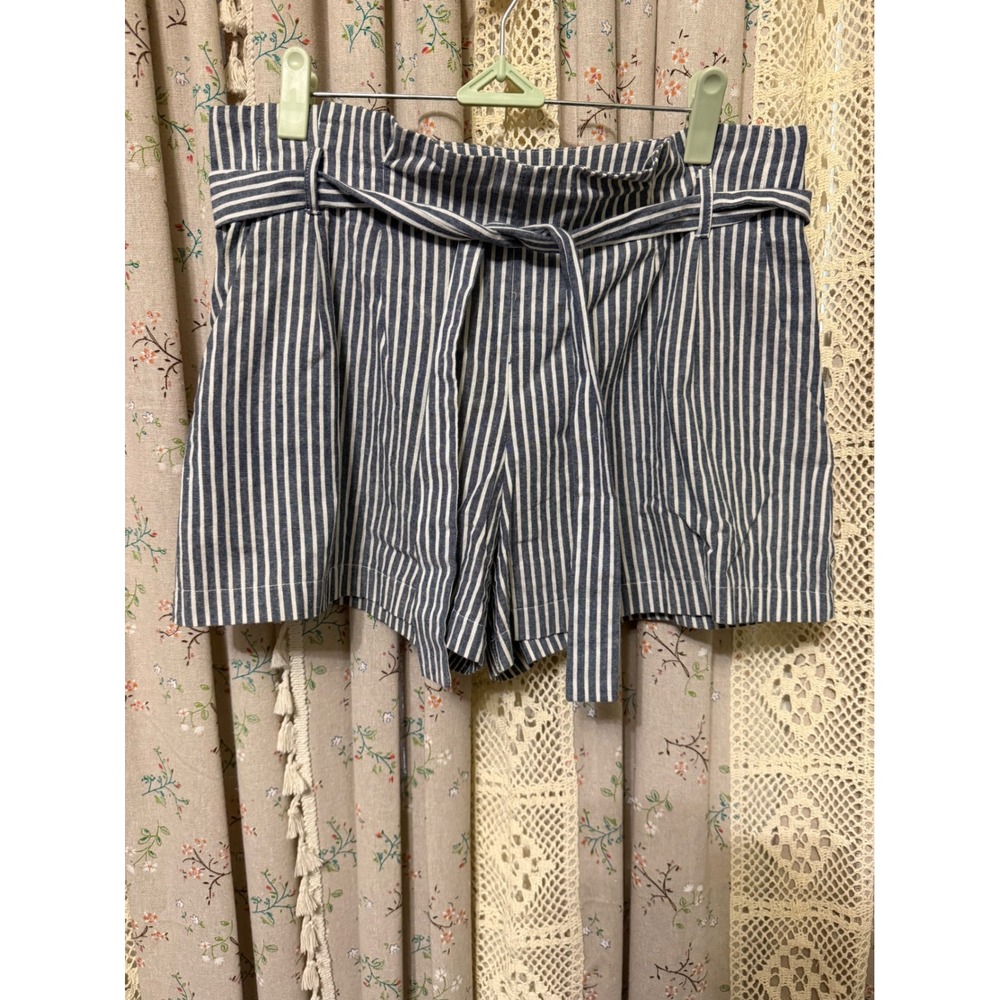 June & Hudson S Navy Ivory Striped Paperbag Tie Waist Cotton Shorts